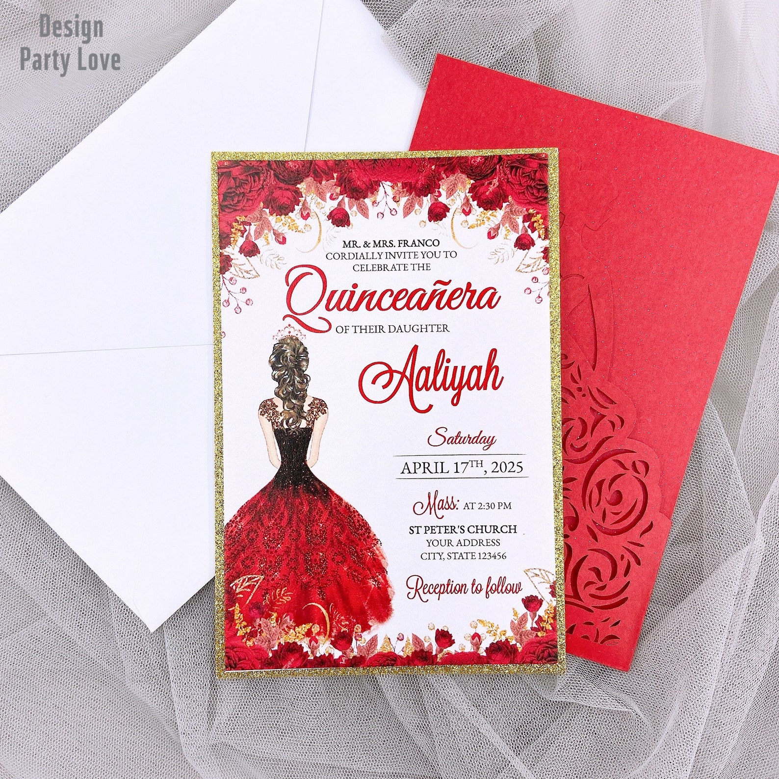 Red XV Girl Laser Cut Invitations Quinceañera Girl in Dress Etsy