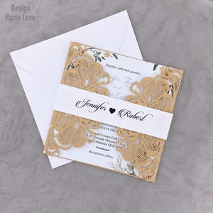 Europese stijl Kant Wedding Uitnodigingen Kaarten Dark Gold Laser Wenskaart Bowbelt Wedding Engagement Party Leverancier