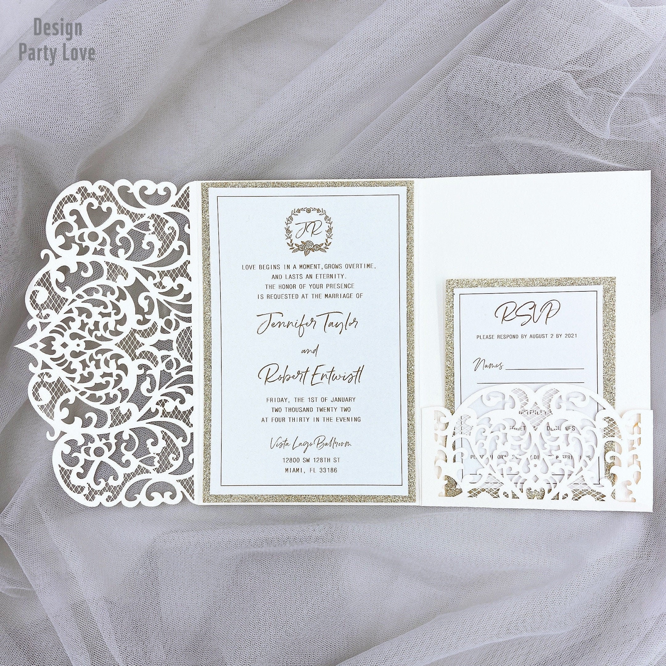 DIY Ivory Tri-fold Laser Cut Wedding Invites With Rsvp