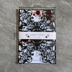 invitación de la boda del corte del laser, invitación de la boda hecha a mano, invitación de la boda negro con el sobre, invitación de la boda del corte del láser elegante