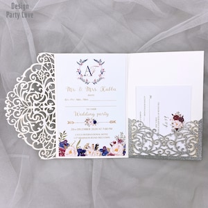 Glitzer SilberSpitze Elegantes Romantisches Monogramm Klassisches Pocket Monogramm HochzeitSeinladung Suite mit RSVP Karte und Umschlägen