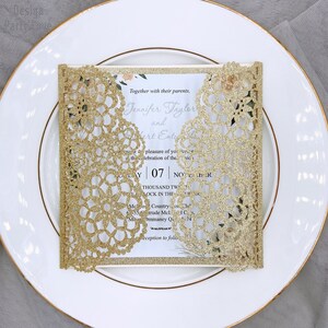Glitter Champagne Laser Corte Invitaciones Boda Tarjeta Tarjeta de Felicitación Personalizar con Banda de Vientre Cumpleaños Decoración Fiesta Suministros de Fiesta