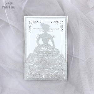 Glitter Silver XV Girl Laser Cut Invitations, Quinceañera Girl in Dress Invitation, Unique Glitter Quinceañera Sweet 16 Invitation