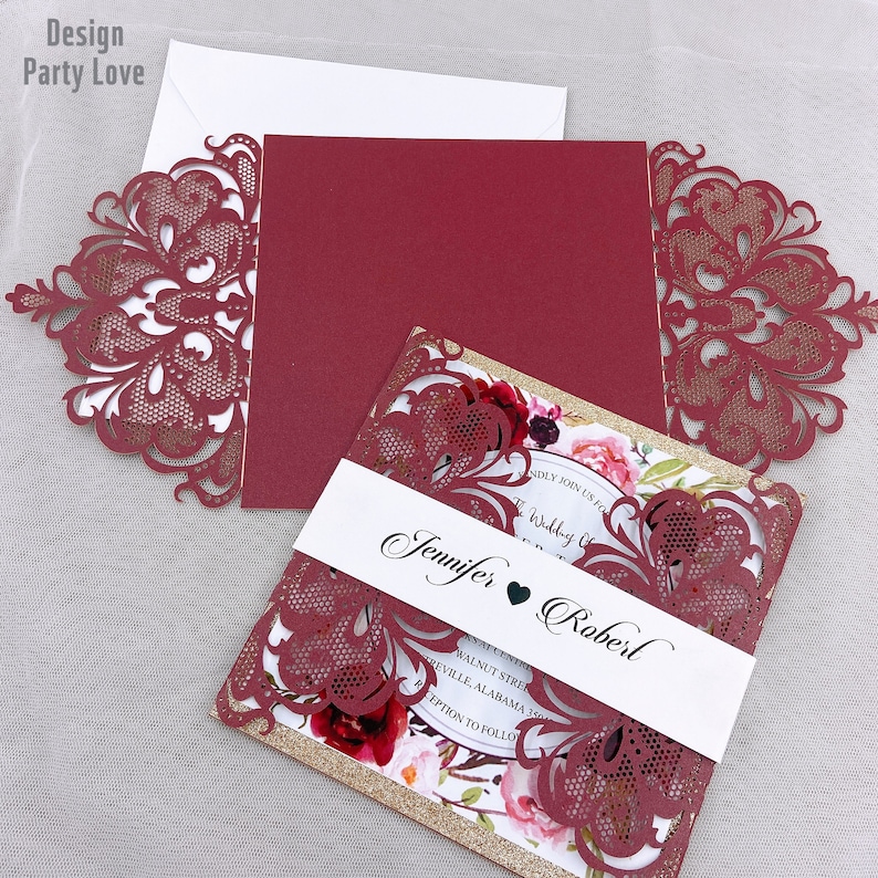 European Style Lace Wedding Invitations Cards Burgundy Laser Greeting Card Bowbelt Wedding Engagement Party Supplier