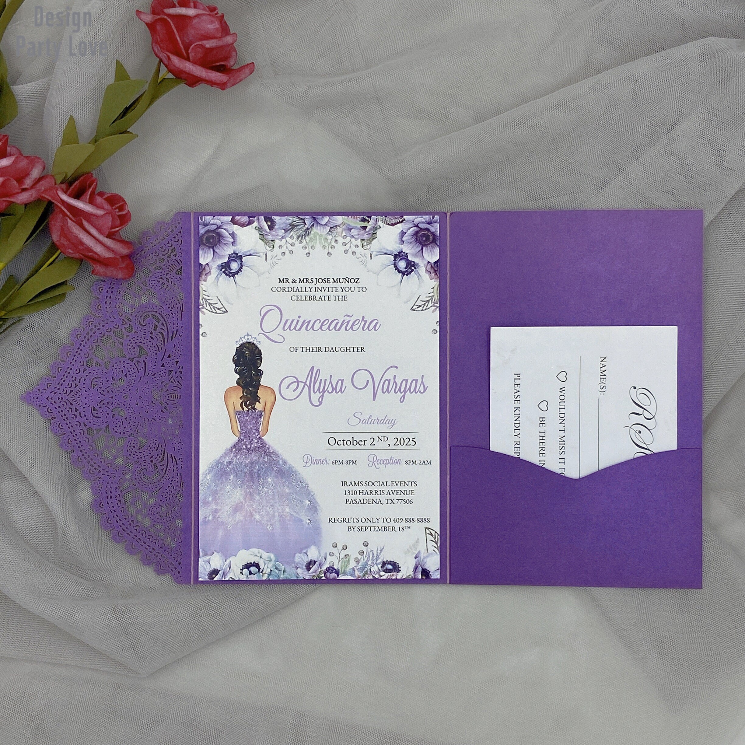 Fold Purple Wedding Invitations Cards Tri fold Laser Cut Invitation invite Envelopes Sweet 16 Quinceañera Party Invitation