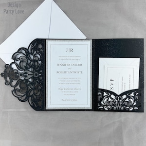 Eleganti biglietti d'invito per matrimonio tagliati al laser neri, biglietti d'auguri personalizzati con biglietti RSVP, decorazioni per feste