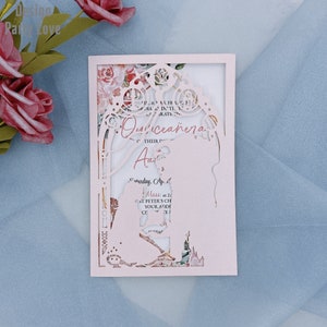 La Bella y la Bestia Disney Birthday Party Laser Cut Invita, Blush Quinceañera invitación Dulce dieciséis tarjetas