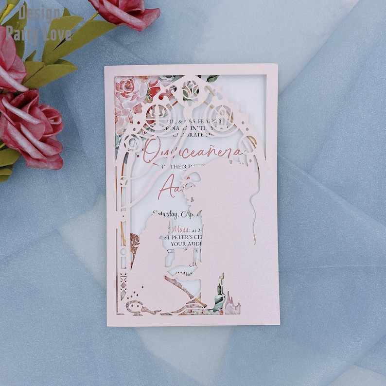 Beauty And The Beast Disney Birthday Party Laser Cut Invites Blush Quinceanera invitation Sweet sixteen card