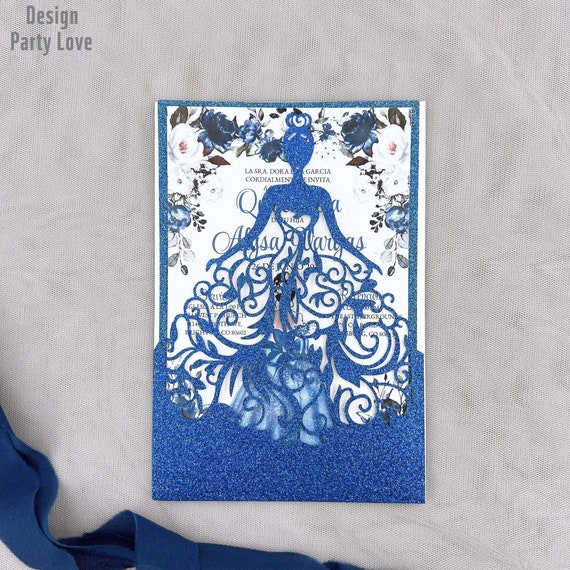 Glitter Royal Blue Dress Laser Cut Invitations Cards Invitation Quinceanera Invitation Sweet Sixteen Invitation Baby Shower