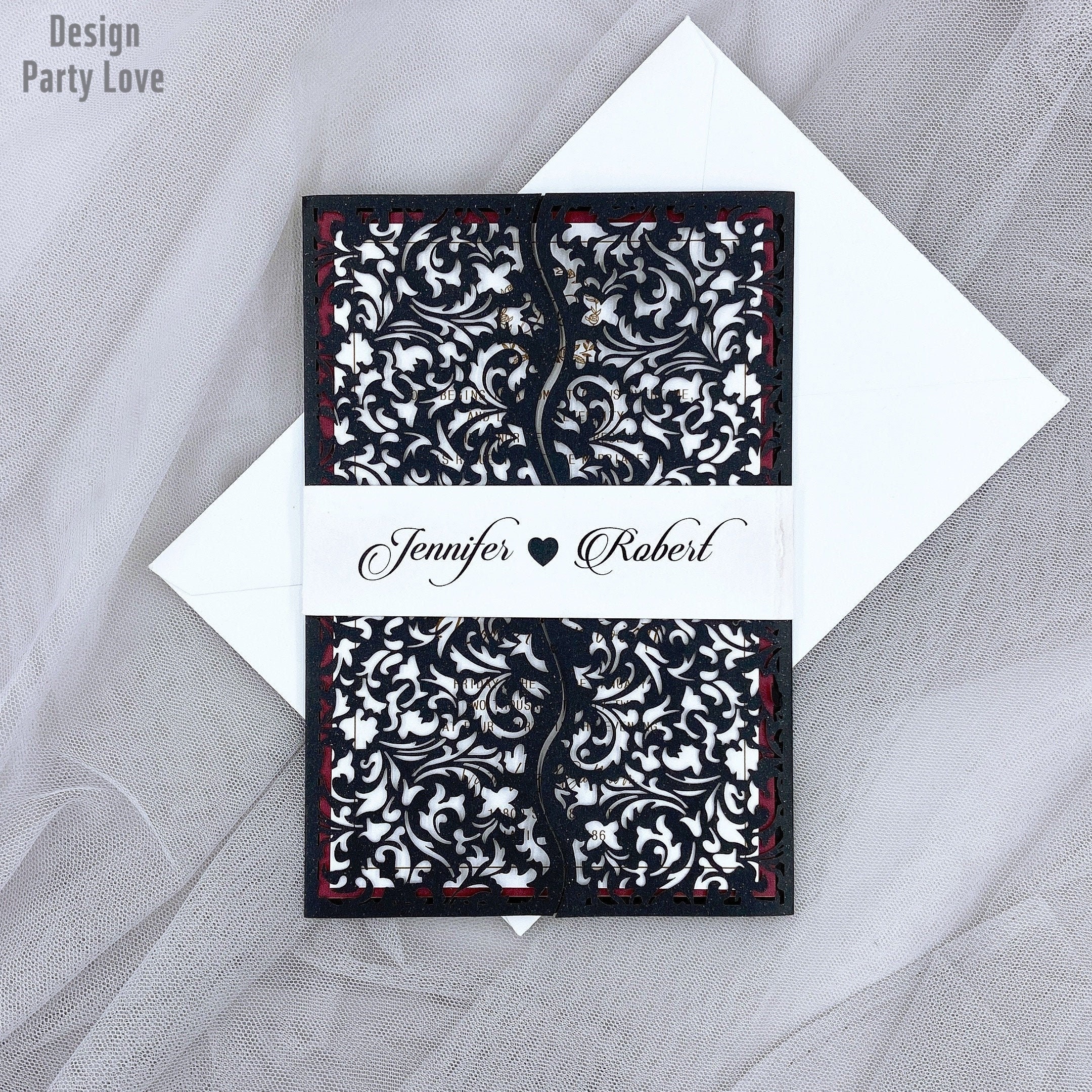 Black with Burgundy back Laser Cut Hollow Wedding Invitations Cards Wedding and Quinceanera Invitations Birthday Invitation Card with Ribbon