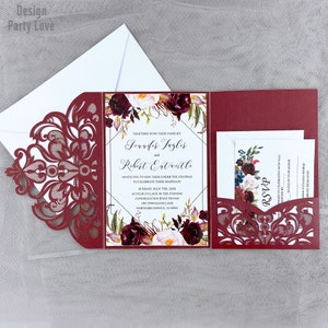 Elegante Borgoña corte láser ser cortado tarjetas de invitación de boda tarjeta de felicitación personalizar negocios con tarjetas RSVP suministros de decoraciones para fiestas