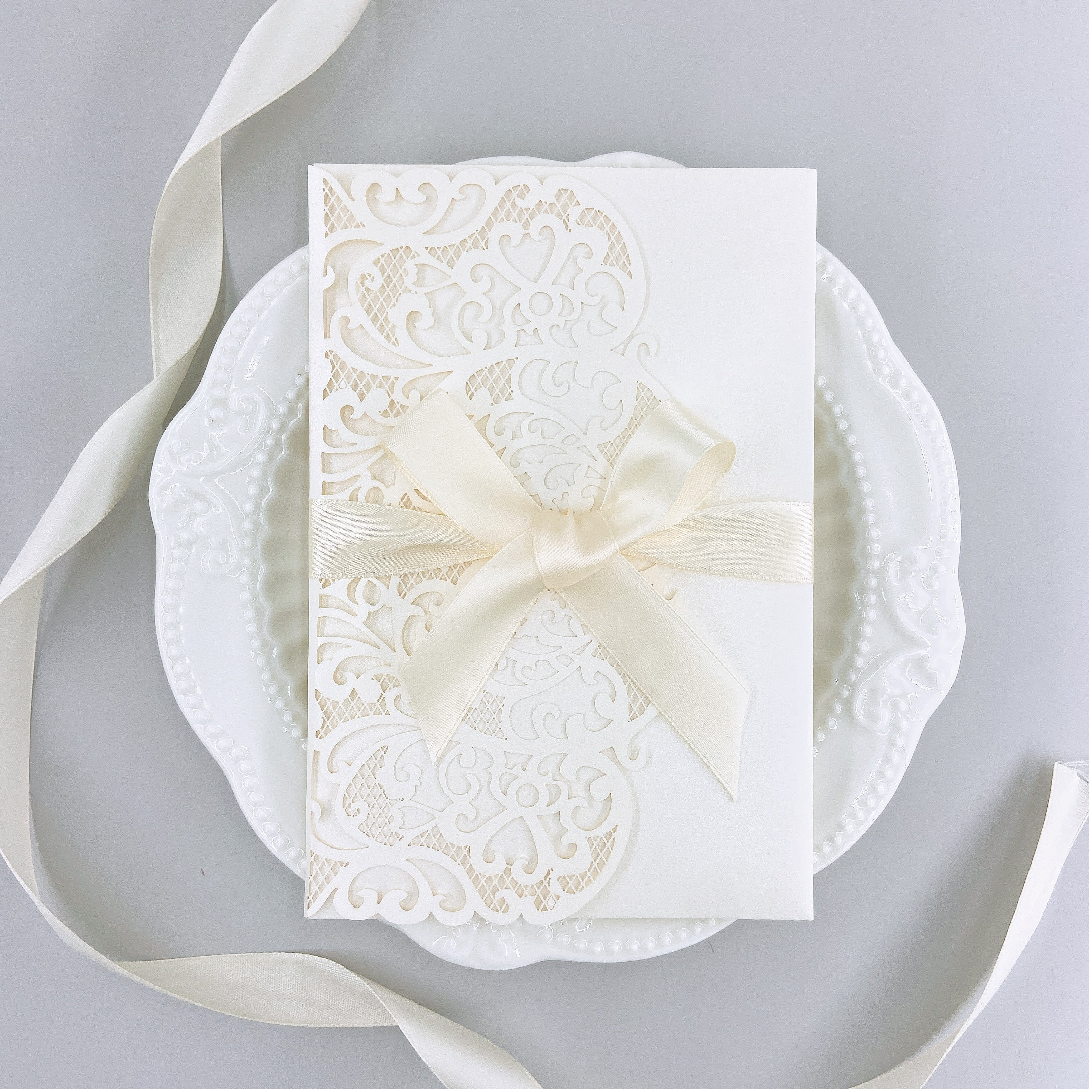 Ivory Laser Cut Wedding Invitation Card Lace Flower Menu
