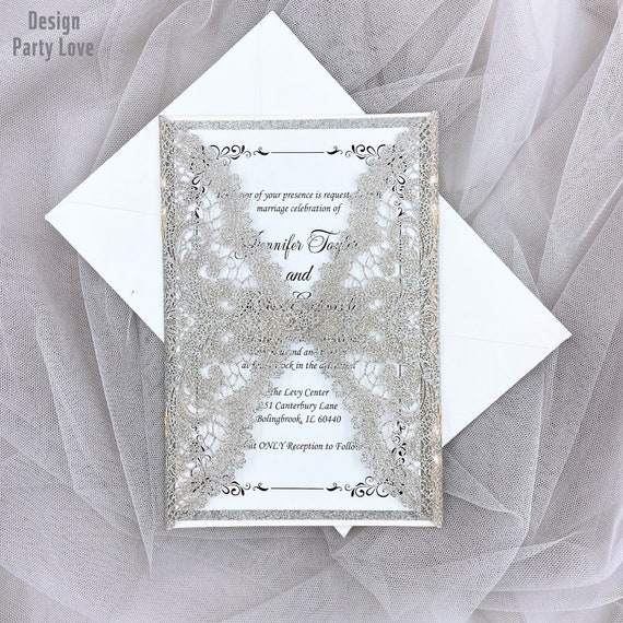 Glitter Silver Lace Wedding Invitation Laser cut Lace Wedding Etsy