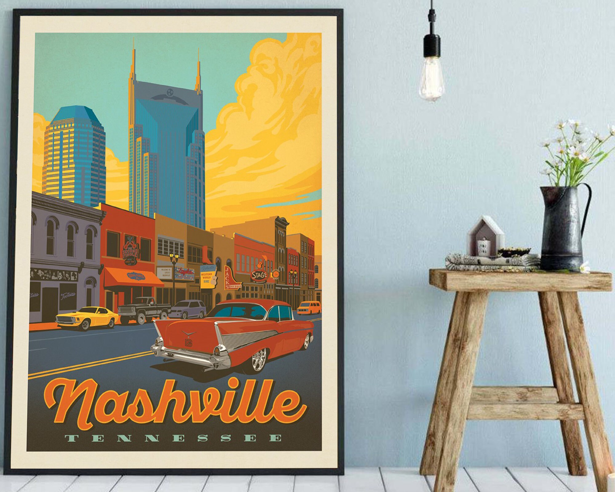 Nashville TN Travel Poster Broadway Sunset Print Art Vintage Etsy