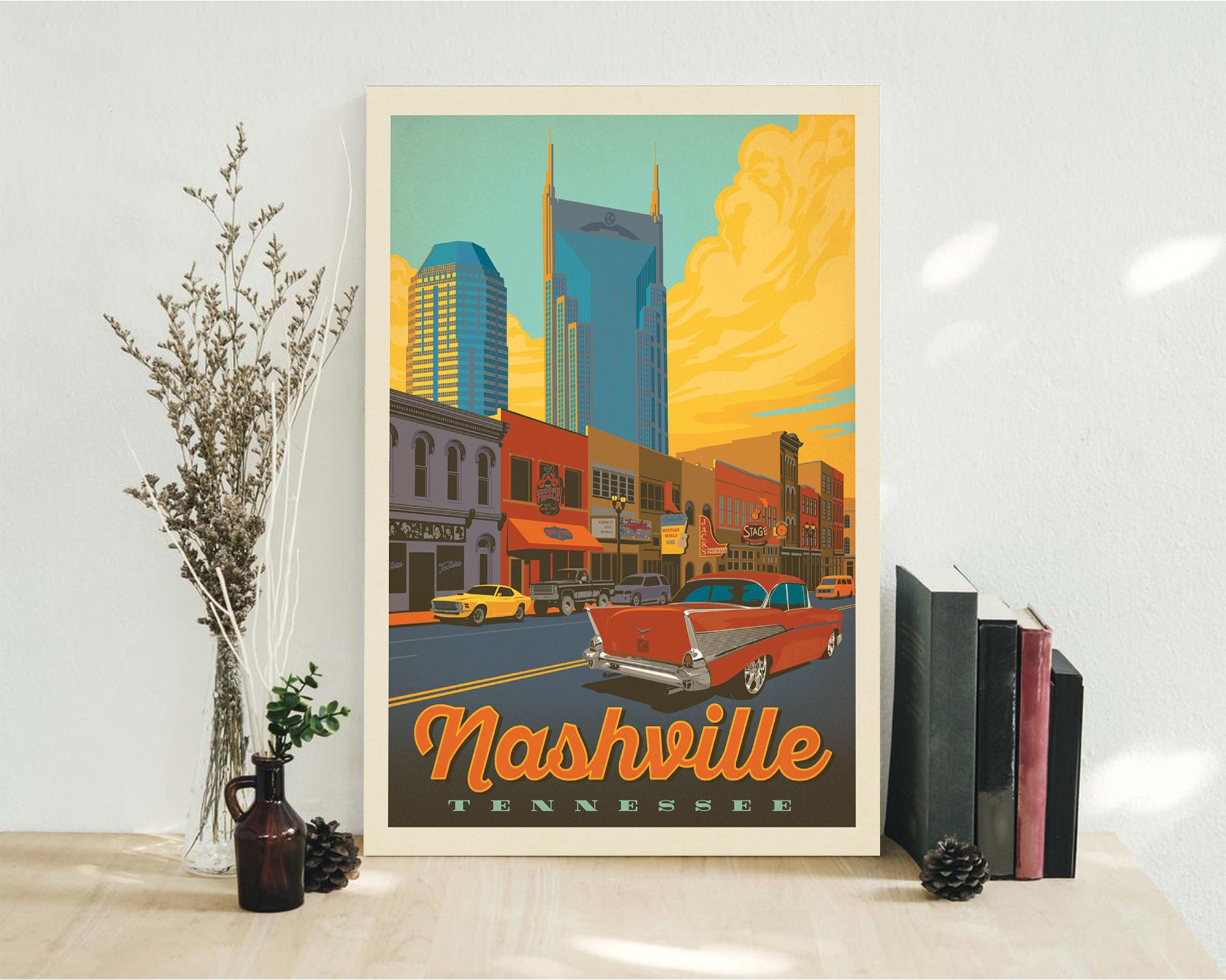 Nashville TN Travel Poster Broadway Sunset Print Art Vintage Etsy