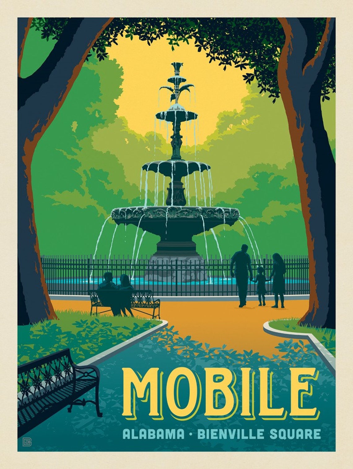 Mobile Alabama Art Poster Bienville Square Retro Color Travel Etsy