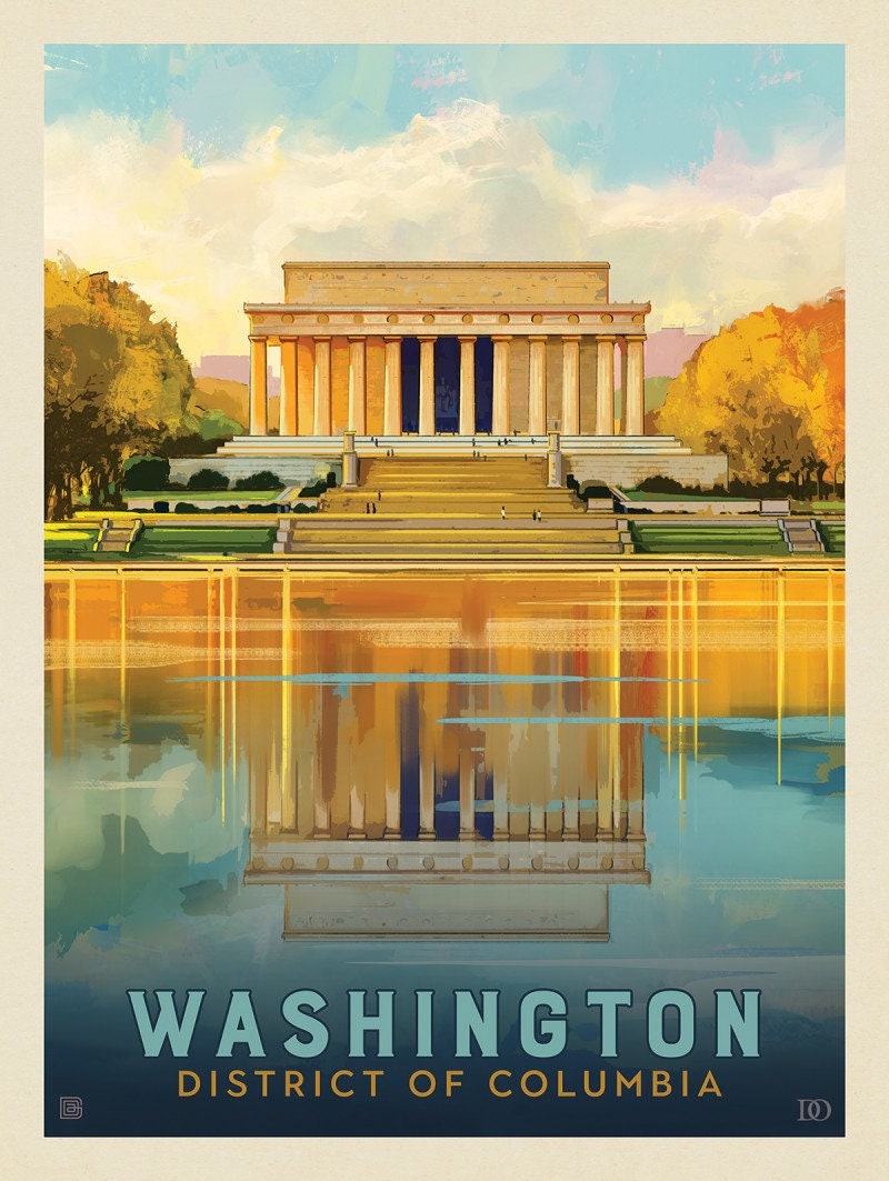 Washington DC Travel Poster Lincoln Memorial Retro Print Etsy