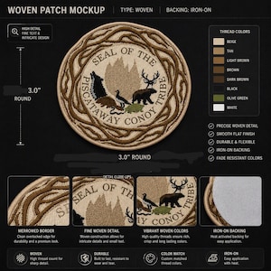 May include: A 3.0-inch round woven patch featuring the Seal of the Piscataway Conoy Tribe. The design includes a central emblem with a wolf, bear, turtle, and bird, surrounded by a brown branch border. It has an iron-on backing and fine thread details.