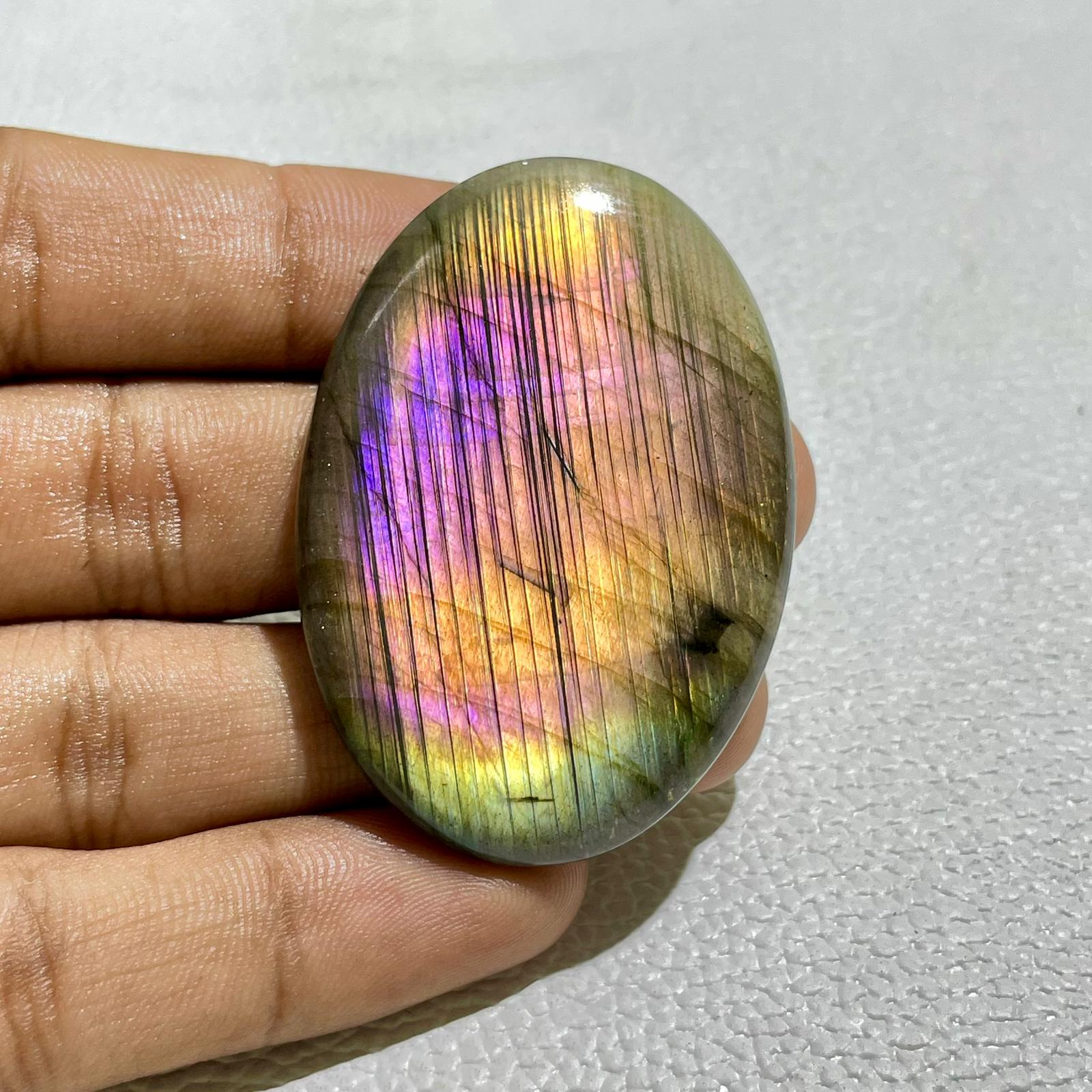 Oval Labradorite Cabochon: Multicolor Gemstone, Madagascar Origin (54x36x7 MM, 133.10 Cts
