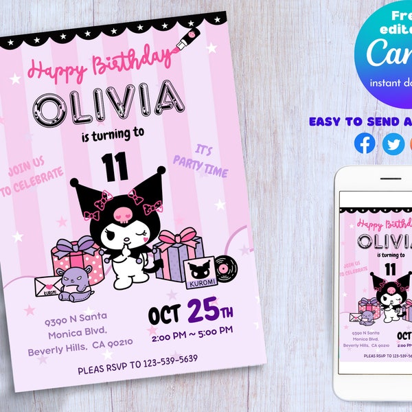 Sanr-o birthday invitation｜Kuro invitation｜Kawaii Kitty invitation｜Kuro invitation｜canva editable invitation｜ printable｜Kuro DIGITAL invit