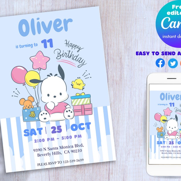 Sanr-o birthday invitation｜Pocha-oo invitation｜Kawaii Kitty invitation｜pocha canva editable invitation｜ printable｜Pocha DIGITAL invitation