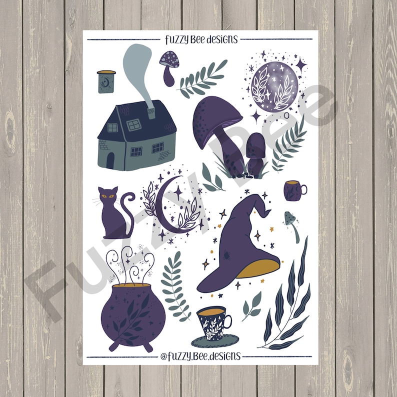 May include: A whimsical illustration featuring a witchy theme. The design includes a house with smoke, mushrooms, a crescent moon, a black cat, a cauldron, a witch's hat, and a teacup. The color palette is primarily purple, blue, and gold, with the text "fuzzy Bee designs".