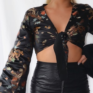 Handmade Black Chinese Silk Brocade Luxury Wrap Top Dragon Rose Print Tie Bolero Cropped Faux Fur Cuffs