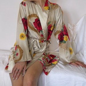 Beige Cream Gold Red Roses Floral Print Silky Satin Dressing Gown Robe