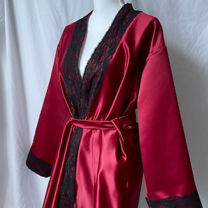 Ruby Wine Red Cherry Valentines Satin Dressing Gown Robe With Silky Duchess Lace Chantilly Lace