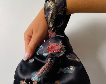 Handmade Japanese Knot Bag Chinese Brocade Black Silk Satin Luxury Makeup Cosmetics Toiletries Bag Gift Bag Pouch Purse