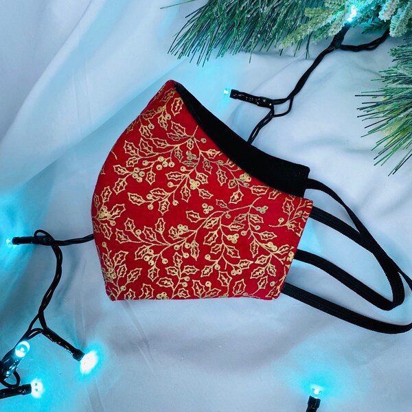 Christmas Red Holly Gold Glitter Face mask Xmas Covering UK London ladies women’s mens