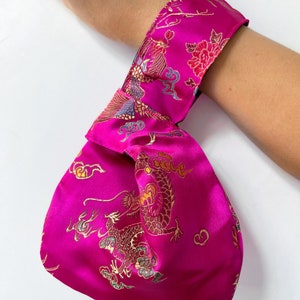 Handmade Japanese Knot Bag Chinese Brocade Hot Pink Fuchsia Silk Satin Luxury Makeup Cosmetics Toiletries Bag Gift Bag Pouch Purse