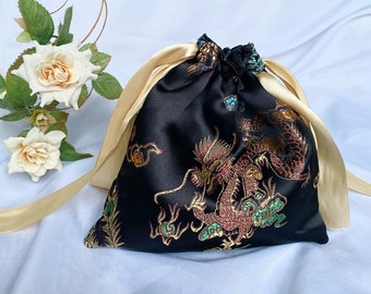 Chinese Brocade Gold Black Silk Satin Luxury Makeup Cosmetics Toiletries Bag Gift Bag Pouch Drawstring Purse