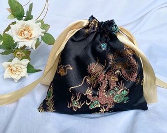 Chinesische Brokat Gold Schwarz Seide Satin Luxus Make-up Kosmetiktasche Kulturbeutel Geschenktasche Beutel Kordelzug Geldbörse