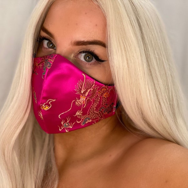 Hot Pink Dragon Chinese Brocade Soft Silk Face mask UK London ladies women’s mens