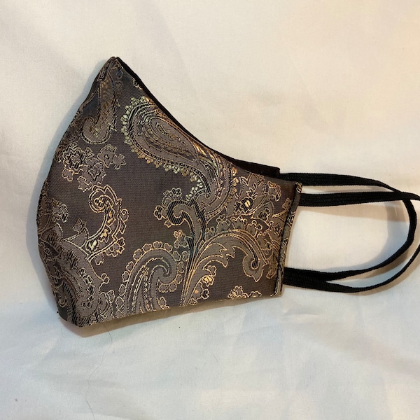 Gold Brown Silk Satin Paisley Floral Print Face Mask Face Covering UK London ladies women’s mens