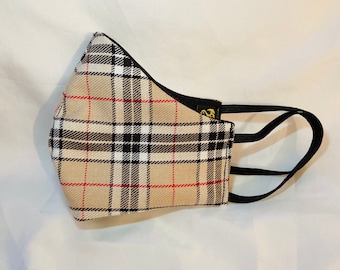 Beige Cream White Tartan Gingham Plaid Print Katoenen Gezichtsmasker Gezichtsbedekking UK Londen dames heren