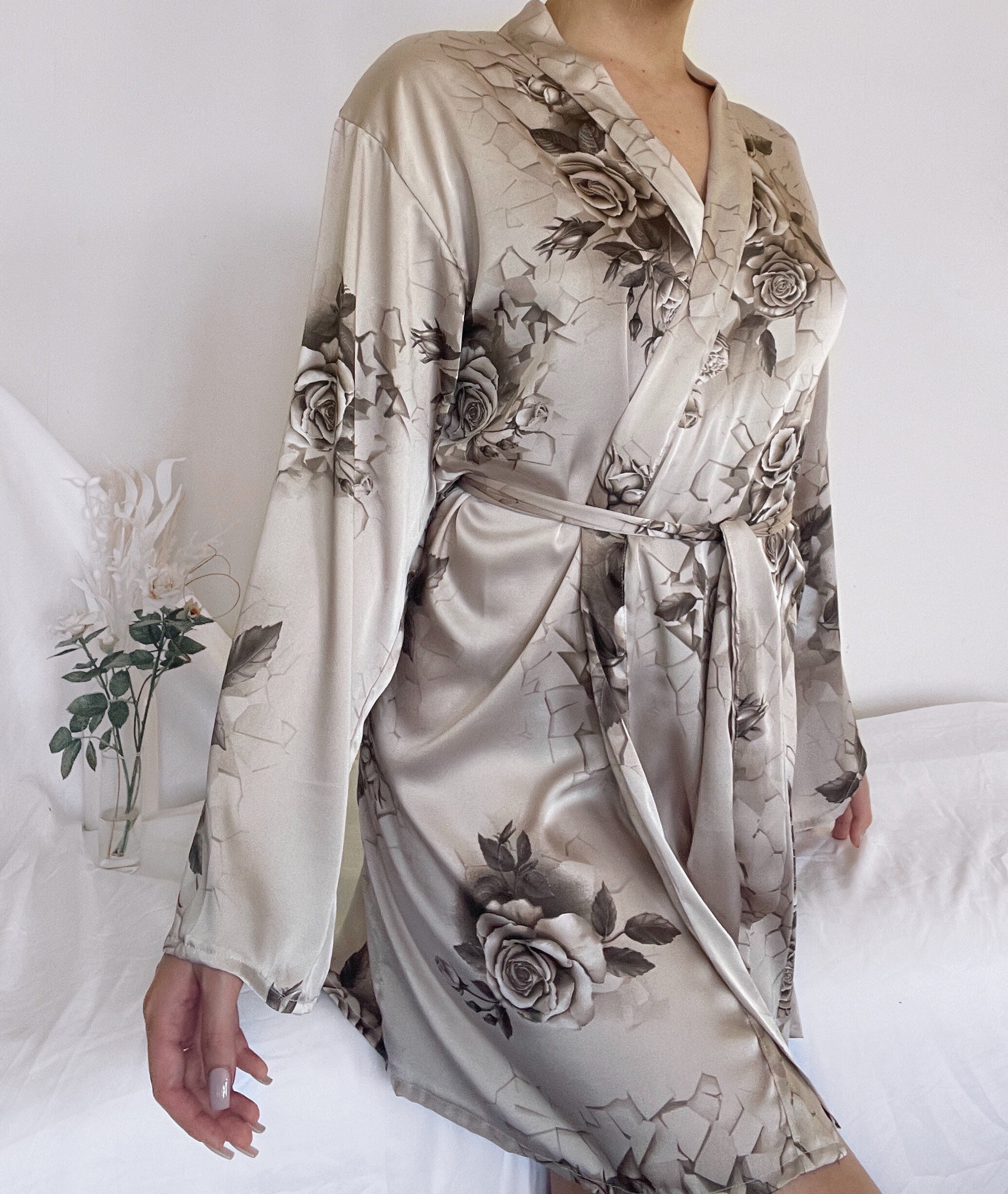 rose gold dressing gown Champagne Floral Roses Print Silky Satin Robe active DS