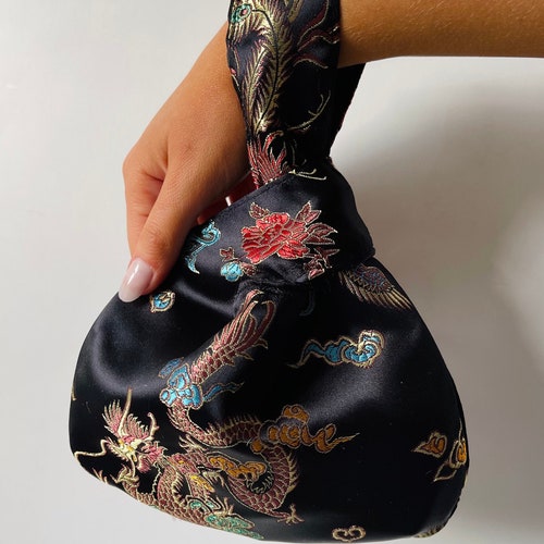 Sac noeud japonais fait main brocart chinois satin de soie noir maquillage de luxe cosmétiques trousse de toilette sac cadeau pochette sac à main