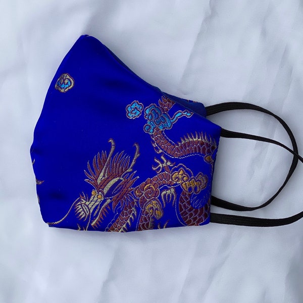 Royal Blue Dragon Print Chinese Brocade Silk Face mask Face Covering UK London ladies women’s mens