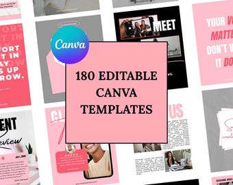 May include: A selection of 180 editable Canva templates, presented on pink and black backgrounds. The templates showcase diverse designs, including marketing materials and social media posts. The word "Canva" is visible.