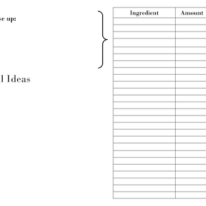 May include: A printable meal planning sheet with a section for meal ideas and a table to list ingredients, amounts, and nutritional information.