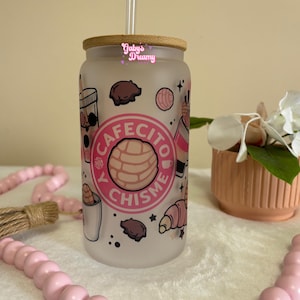 Cafecito Y Chisme Glass Cup, Cafecito Cup, Pan Dulce Cup, Conchas Glass Cup, Mexican Cup, Glass Cup With Bamboo Lid, Cafecito Y Chisme