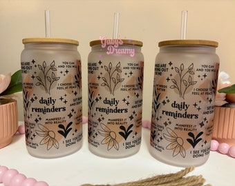 Positive Daily Reminders Glass Cup, Iced Coffee Cup with Bamboo Lid