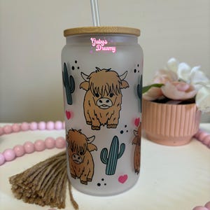 Highland Cow Cactus Glass Cup, Western Glass Cup, Cow Tumbler, Iced Coffee Glass Cup, Cow Gifts