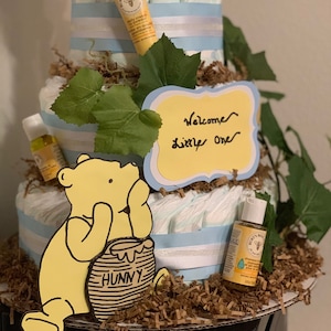 Winnie The Pooh Diaper Cake, Greenery Baby Shower Décor, Gender Neutral Baby Shower, 4-tier image 1