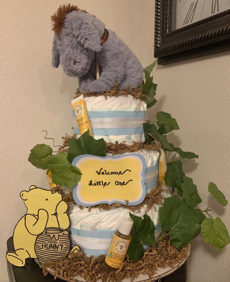 Winnie The Pooh Diaper Cake, Greenery Baby Shower Décor, Gender Neutral Baby Shower, 4-tier image 2