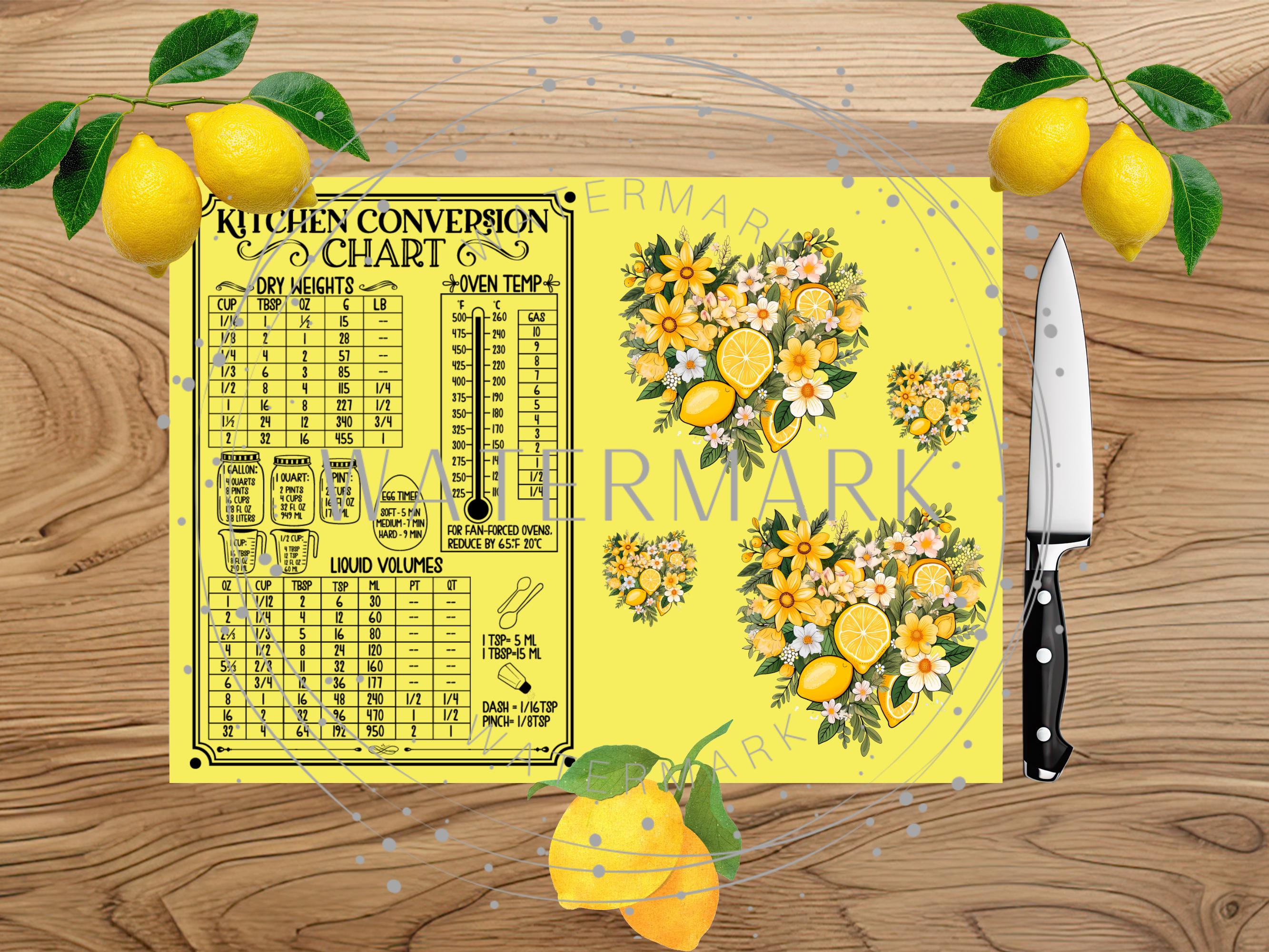 Lemon Floral Kitchen Conversion Chart Cutting Board PNG | Digital ...