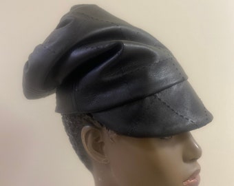 Black Stitched Leather Toque Style Slouch Hat- Unique Casual/Dressy Hat- Asymmetrical Brim- Spring or Fall Wear. Day, Night,Work or Dinner