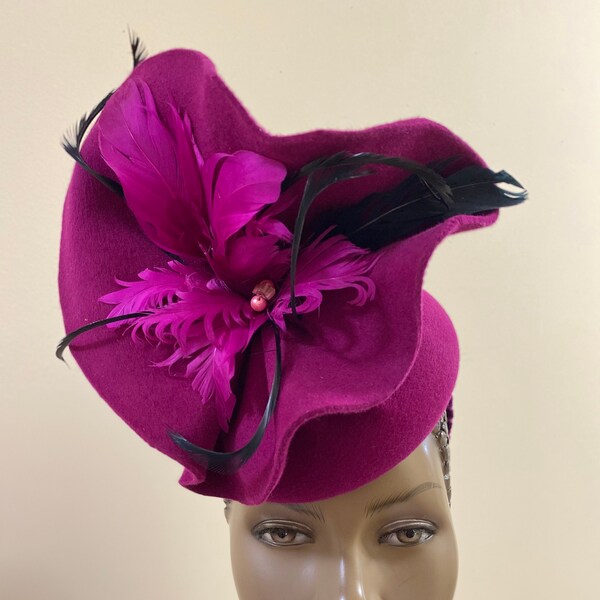 Raspberry Velour Fascinator with feathers, beads on a raspberry velvet covered headband